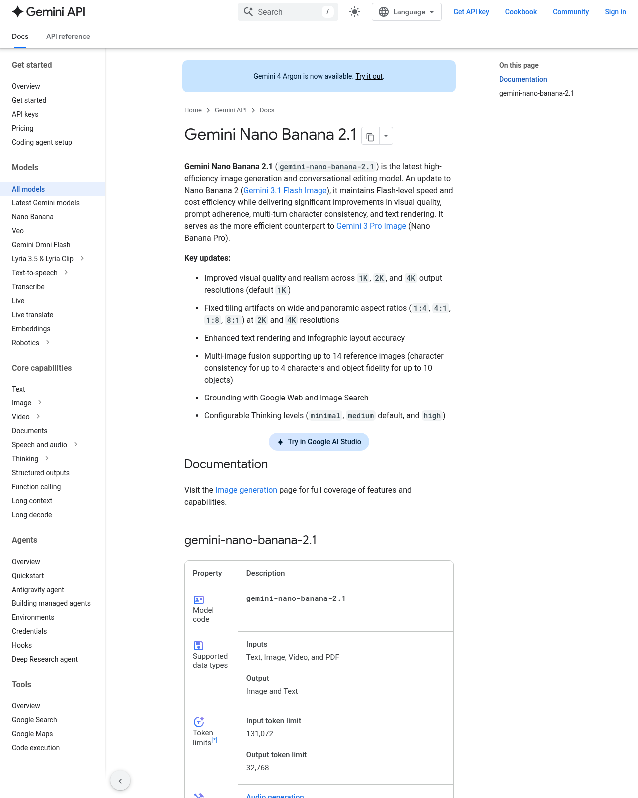 Gemini API model card for Nano Banana 2.1, captured 2026-10-20