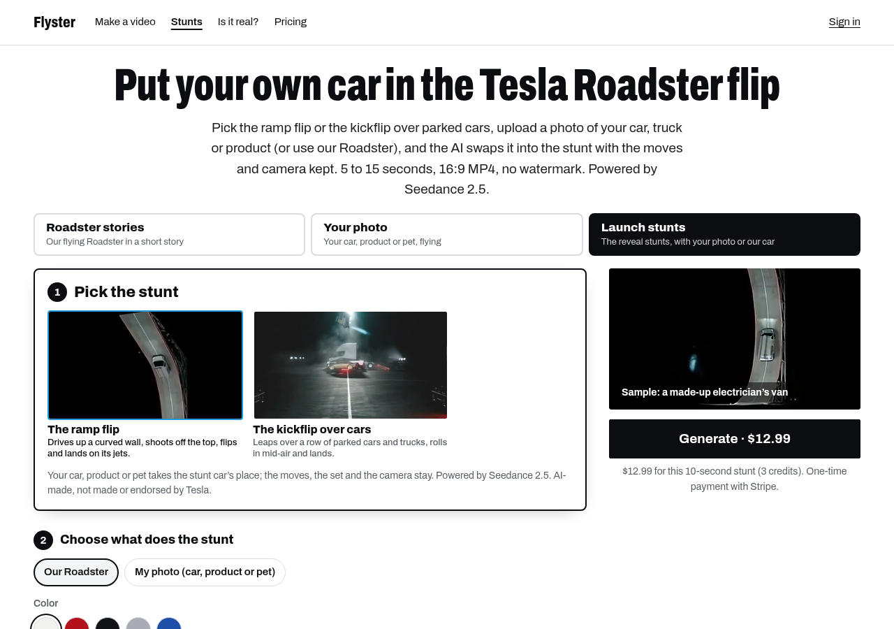 Flyster Tesla Roadster flip page, captured 2026-10-21